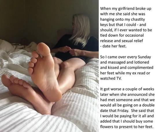 Femdom foot fetish and male chastity captions featuring brunette and redhead women in various outfits