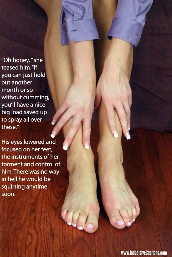 Femdom foot fetish and male chastity captions featuring brunette and redhead women in various outfits