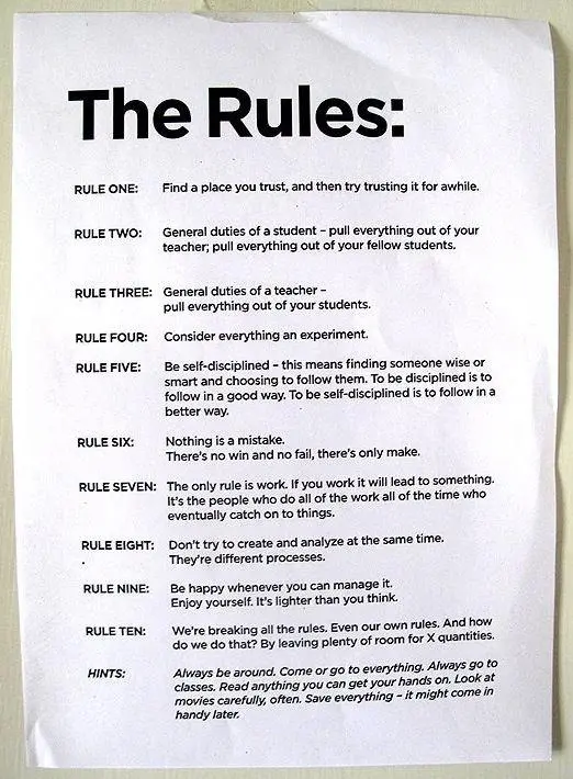 John Cage's rules for making music. Posted for years in Merce Cunningham's dance studio. Applicable to writers, too.