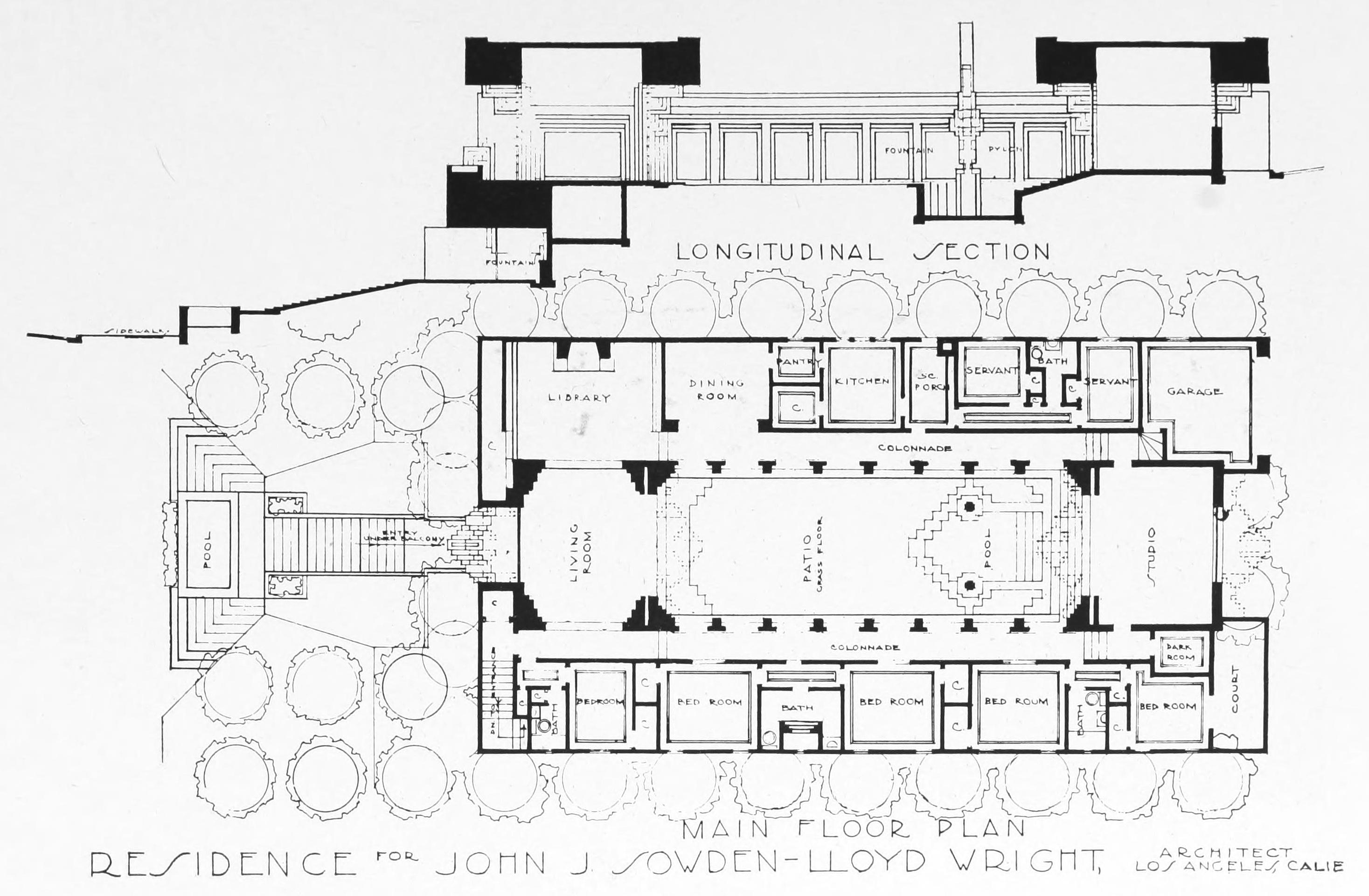 John Sowden house, section and plan. 5121 Franklin Ave Los Angeles CA