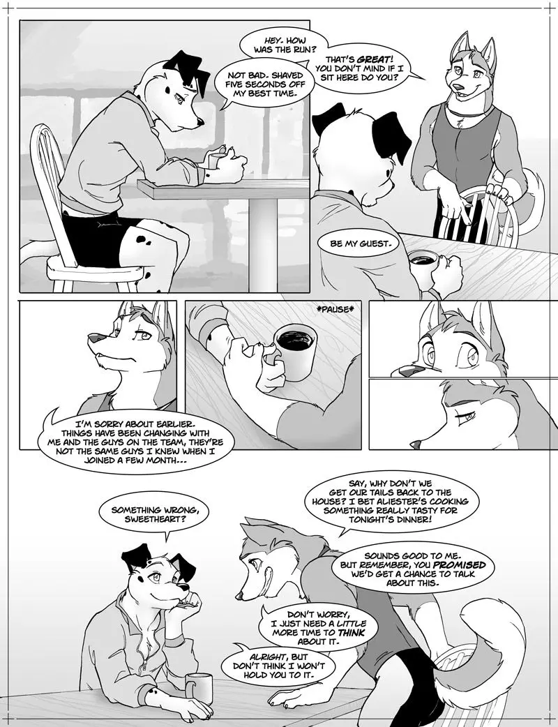 Yiff comic Lapping the Competition by Zaush featuring muscular canine furries Spotty and partner