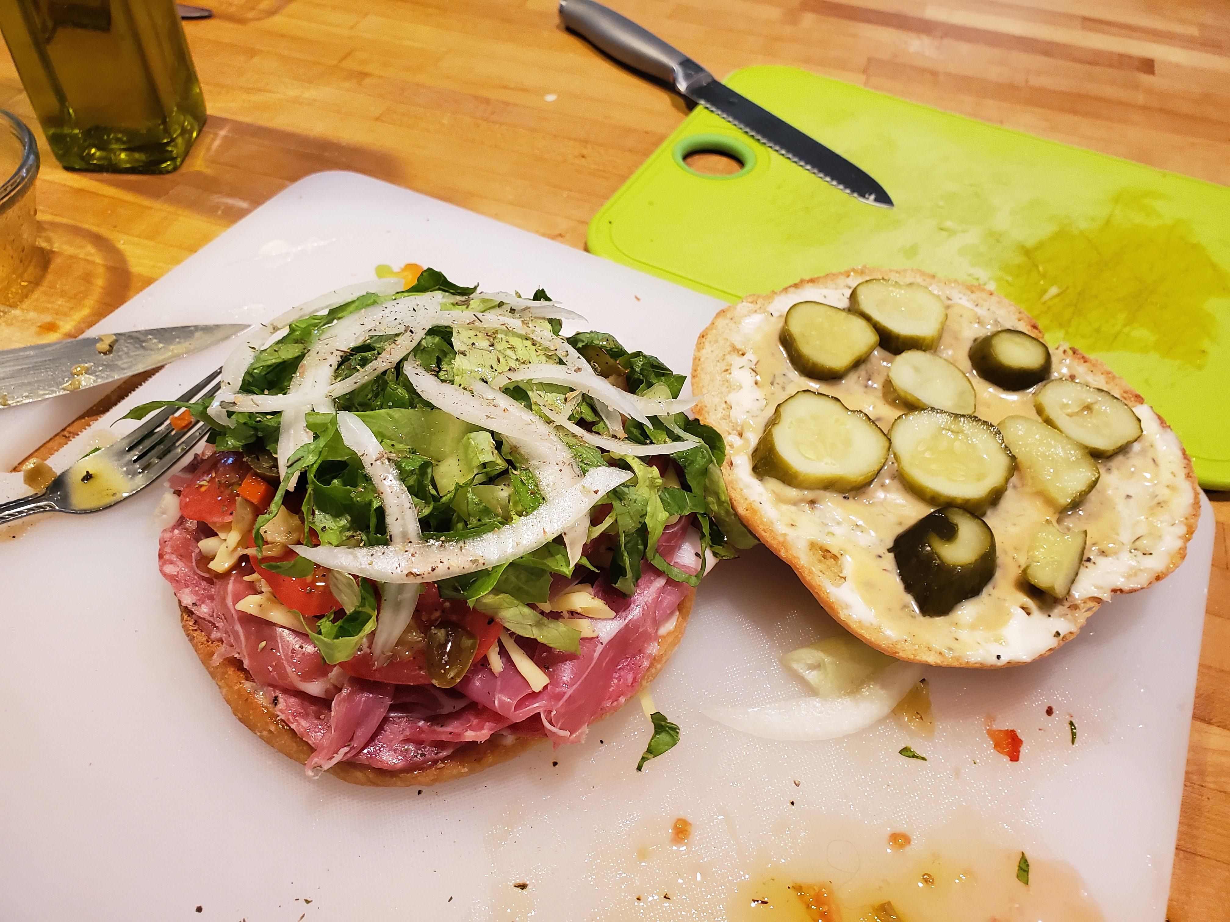 LEFTOVER FRIDGE SANDWHICH. starting at the bottom homemade bread roll