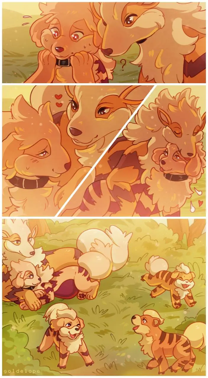 goldelope art of a redhead woman transforming into a feral Arcanine, wearing a black collar and breeding