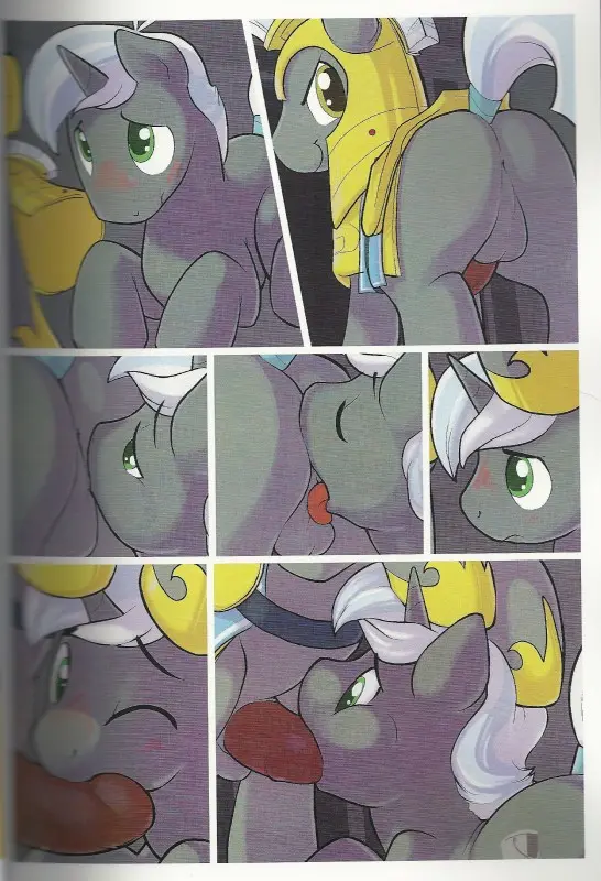 Clop yiff comic featuring two anthro ponies in yellow armor and grey skin engaging in anal sex.