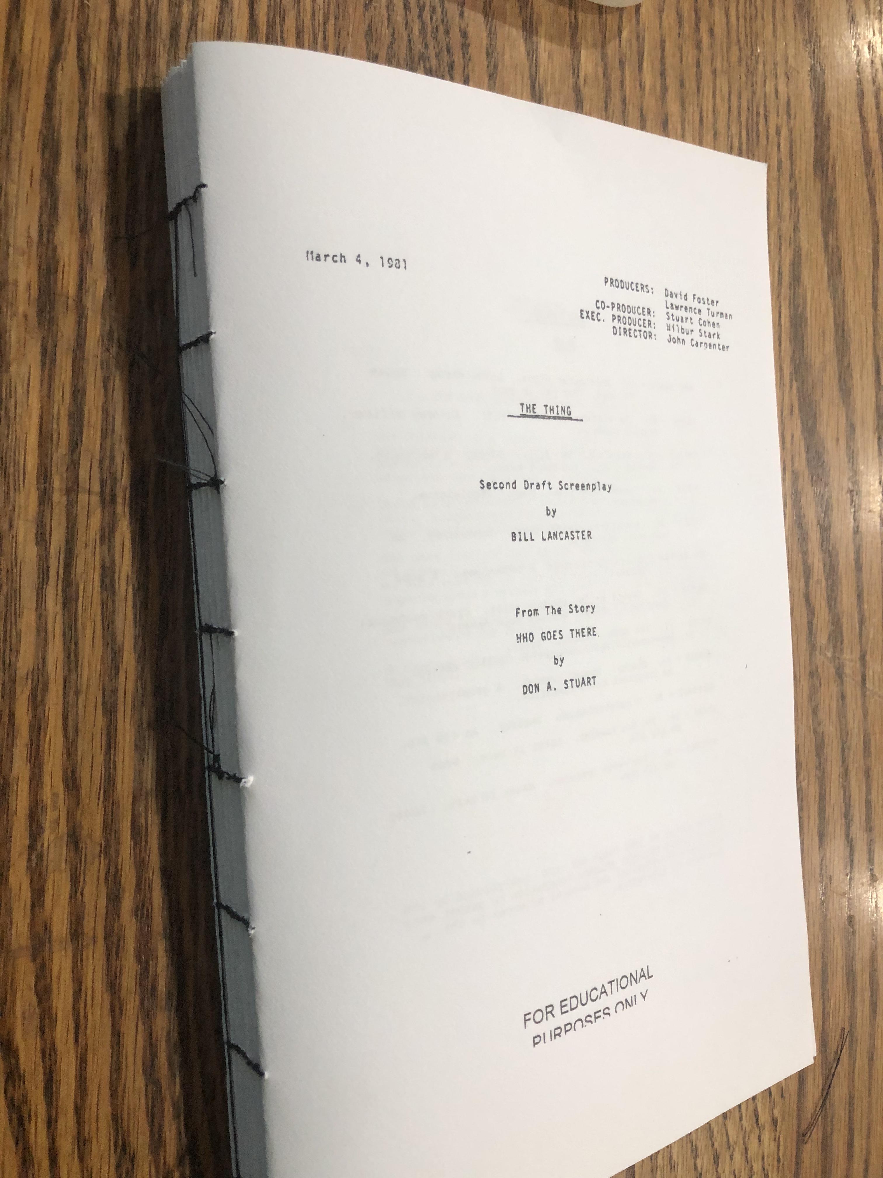 Making a hardcover bound copy of The Thing Movie Script, this is a work ...