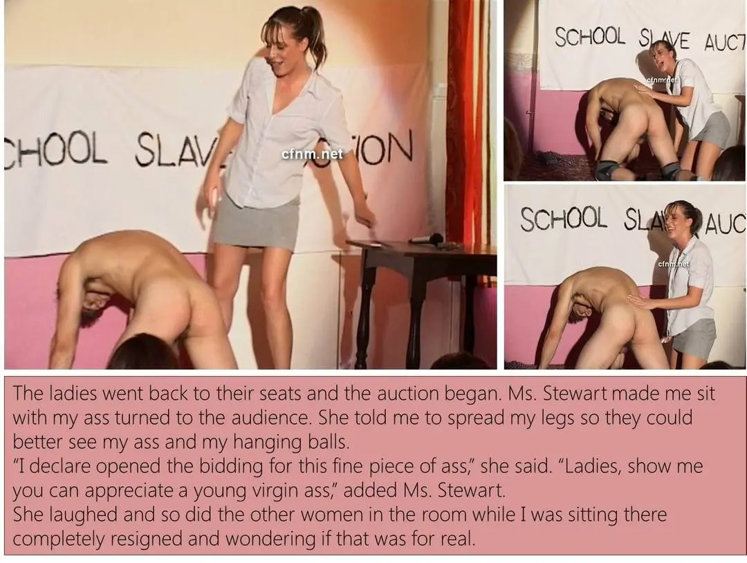 Male slave auction with a naked athletic man and women in a femdom and cfnm scene