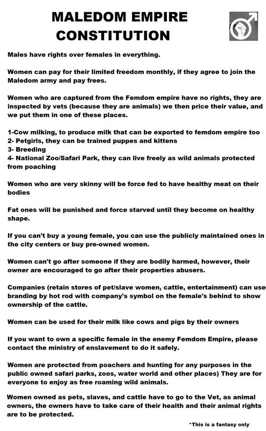 Maledom Empire Constitution detailing female inferiority, breeding, milking, and petgirls in a male dom fantasy