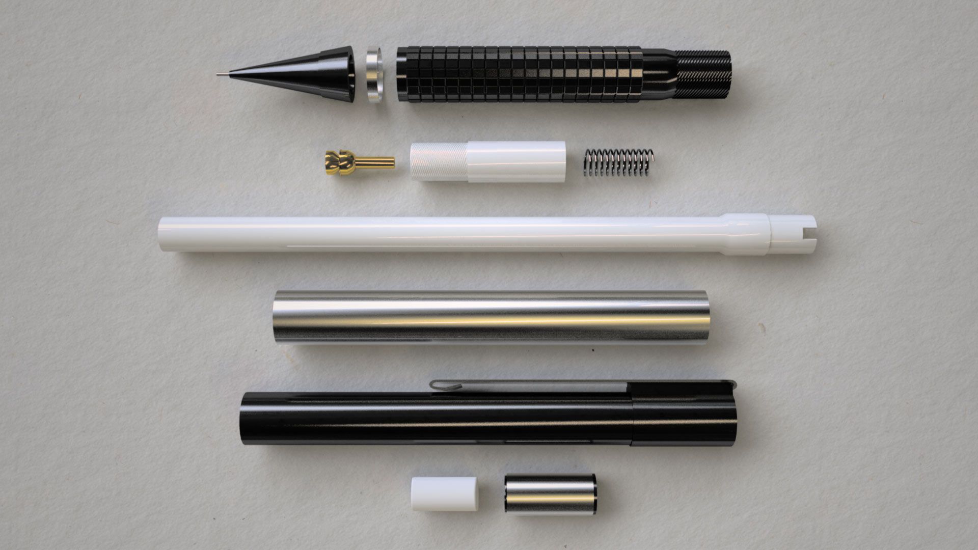 Mechanical pencil, exploded view. Maya + Mental Ray Scrolller