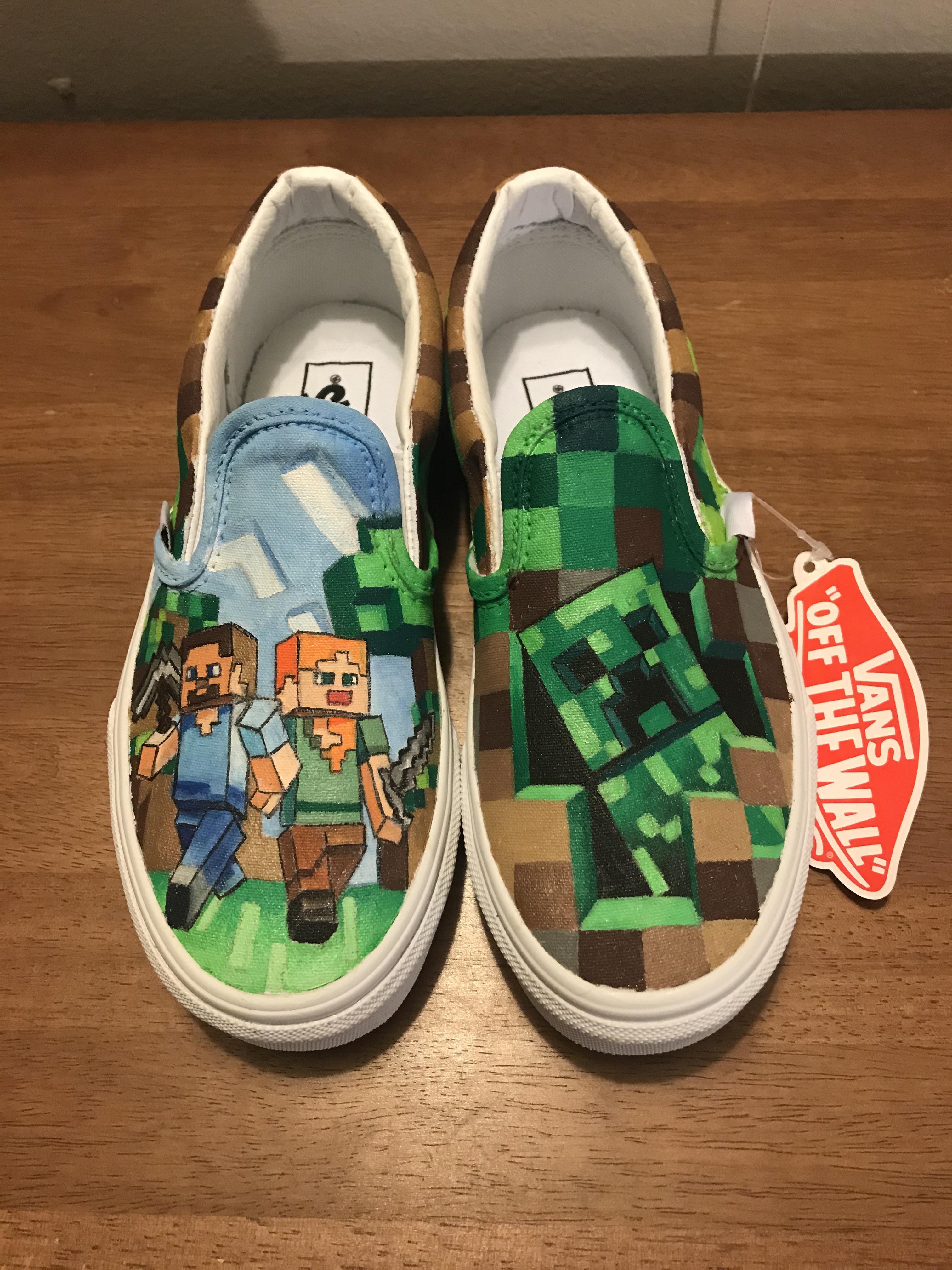 Minecraft Vans, fabric paint on slipon Vans, me, 2020 Scrolller