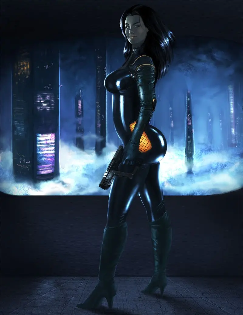 Miranda Lawson from Mass Effect in 3D digital art, featuring a busty woman in a latex catsuit and lingerie