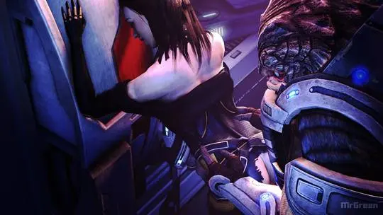 Miranda Lawson from Mass Effect in 3D digital art, featuring a busty woman in a latex catsuit and lingerie