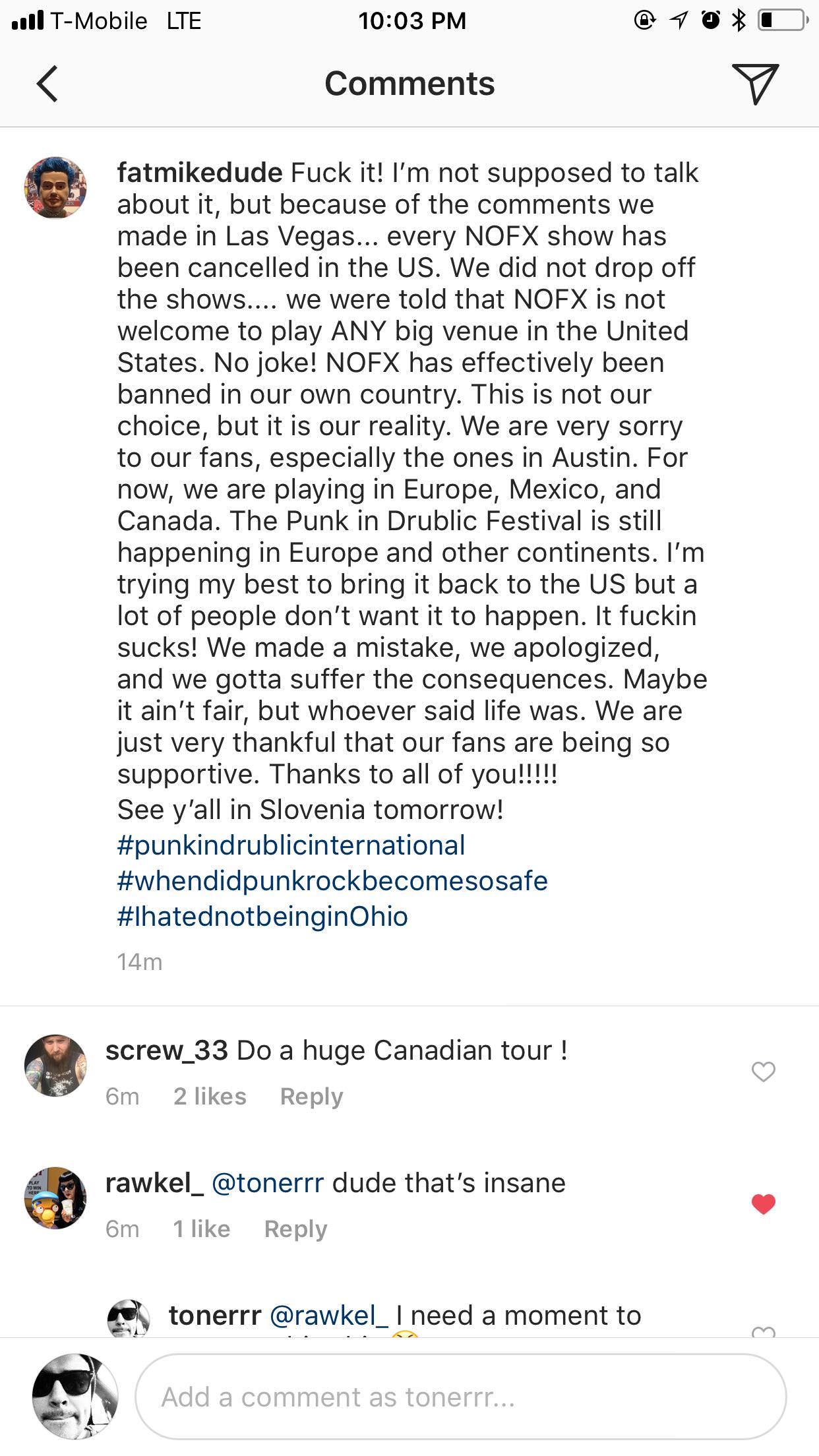 More fallout from punk rock bowling comments | Scrolller