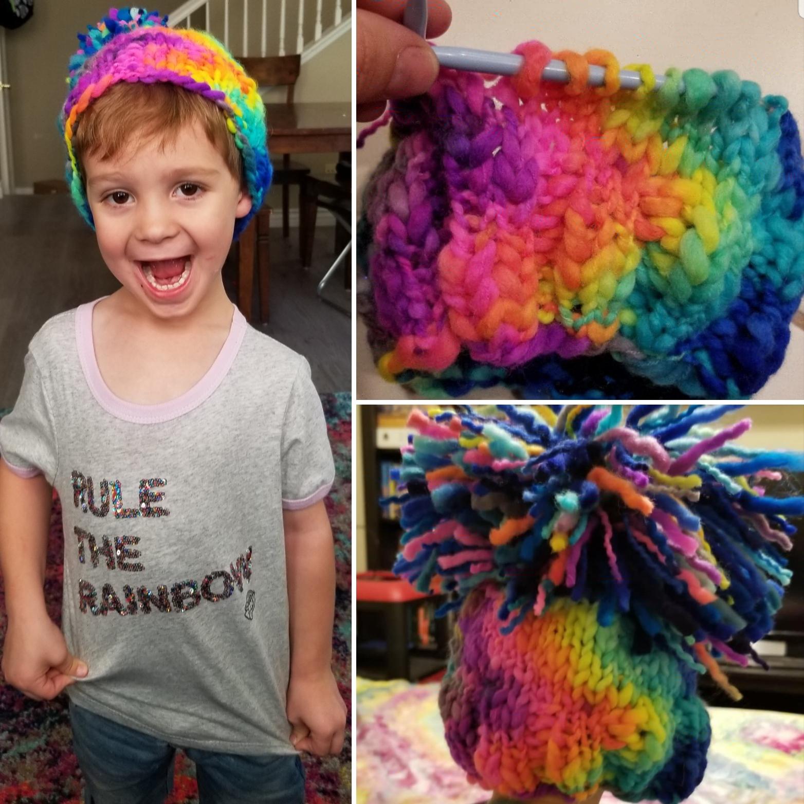 My 3 year old is obsessed with Rainbow Dash, so I freestyled this hat