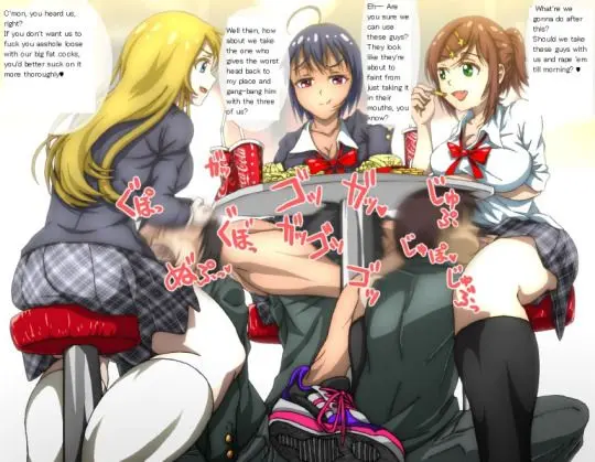Futanari and femdom anime panels with busty women, a male slut, and explicit captions
