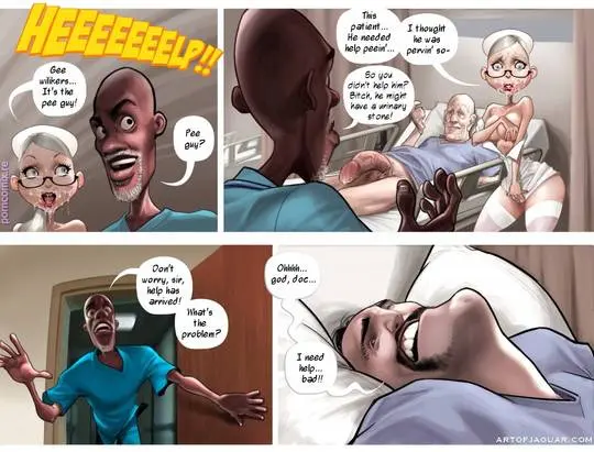 Nurse Sarah in a sexy nurse outfit with a muscular black doctor and an elderly patient in a hospital setting.