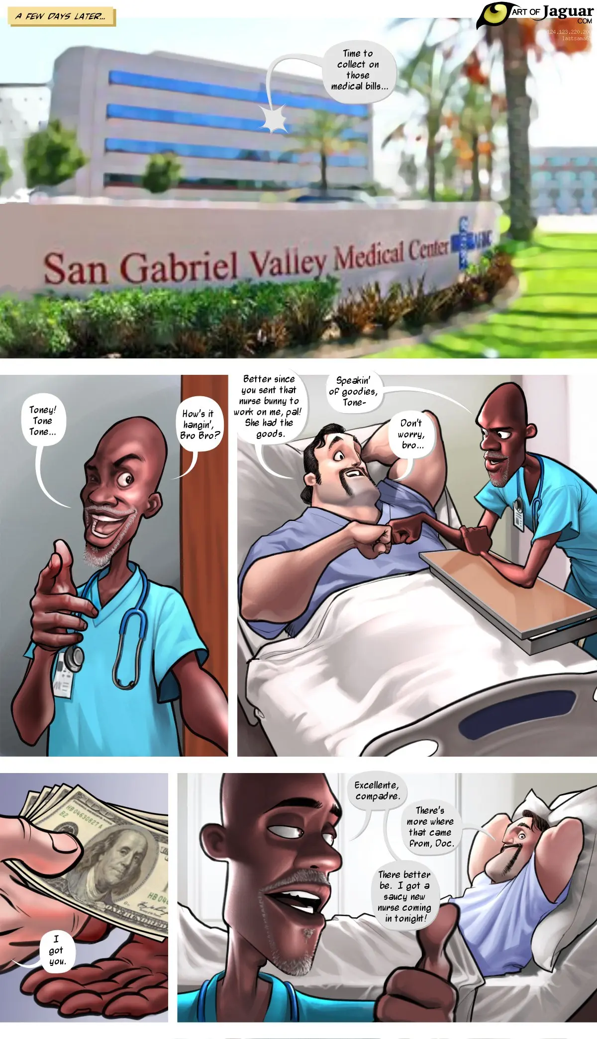 Nurse Sarah in a sexy nurse outfit with a muscular black doctor and an elderly patient in a hospital setting.