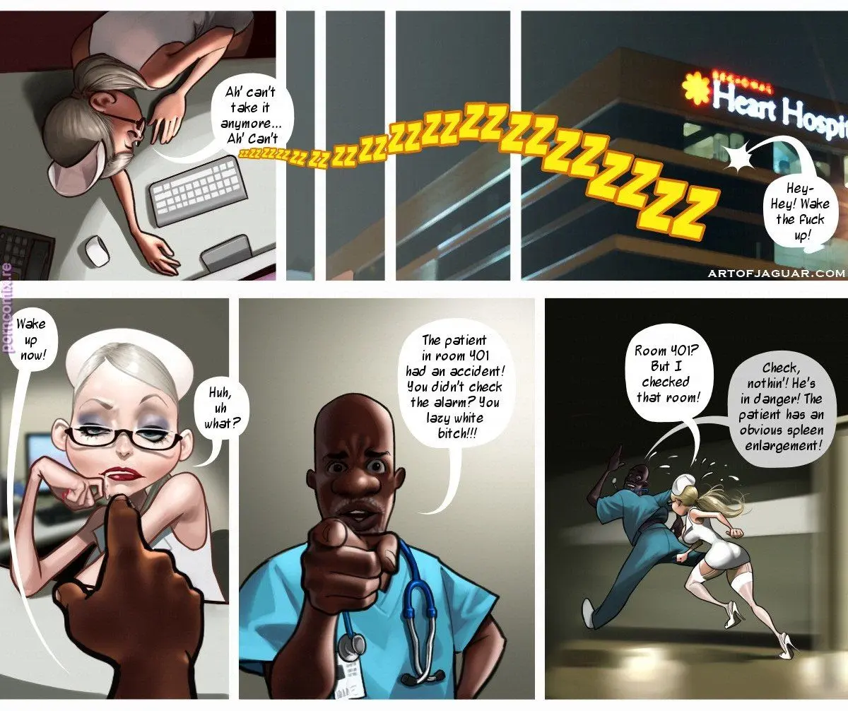 Nurse Sarah in a sexy nurse outfit with a muscular black doctor and an elderly patient in a hospital setting.