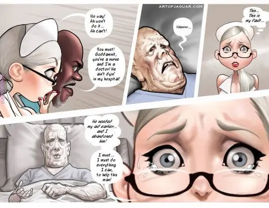 Nurse Sarah in a sexy nurse outfit with a muscular black doctor and an elderly patient in a hospital setting.