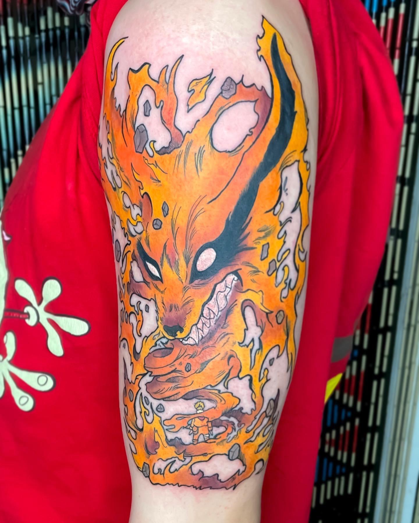 Nine tails from naruto tattooed by Cesar at the Dolorosa in LA. IG