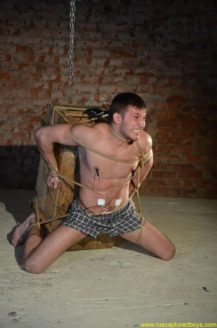 Alexey, a muscular white man in plaid boxers, tied to a wooden crate in a basement for electric torture.