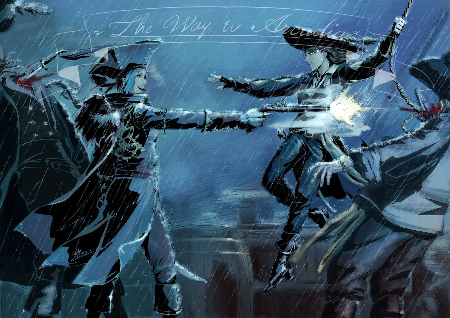 Life is Strange fan art by Catsigma showing a group of pale people in dark period clothing during a rainy confrontation