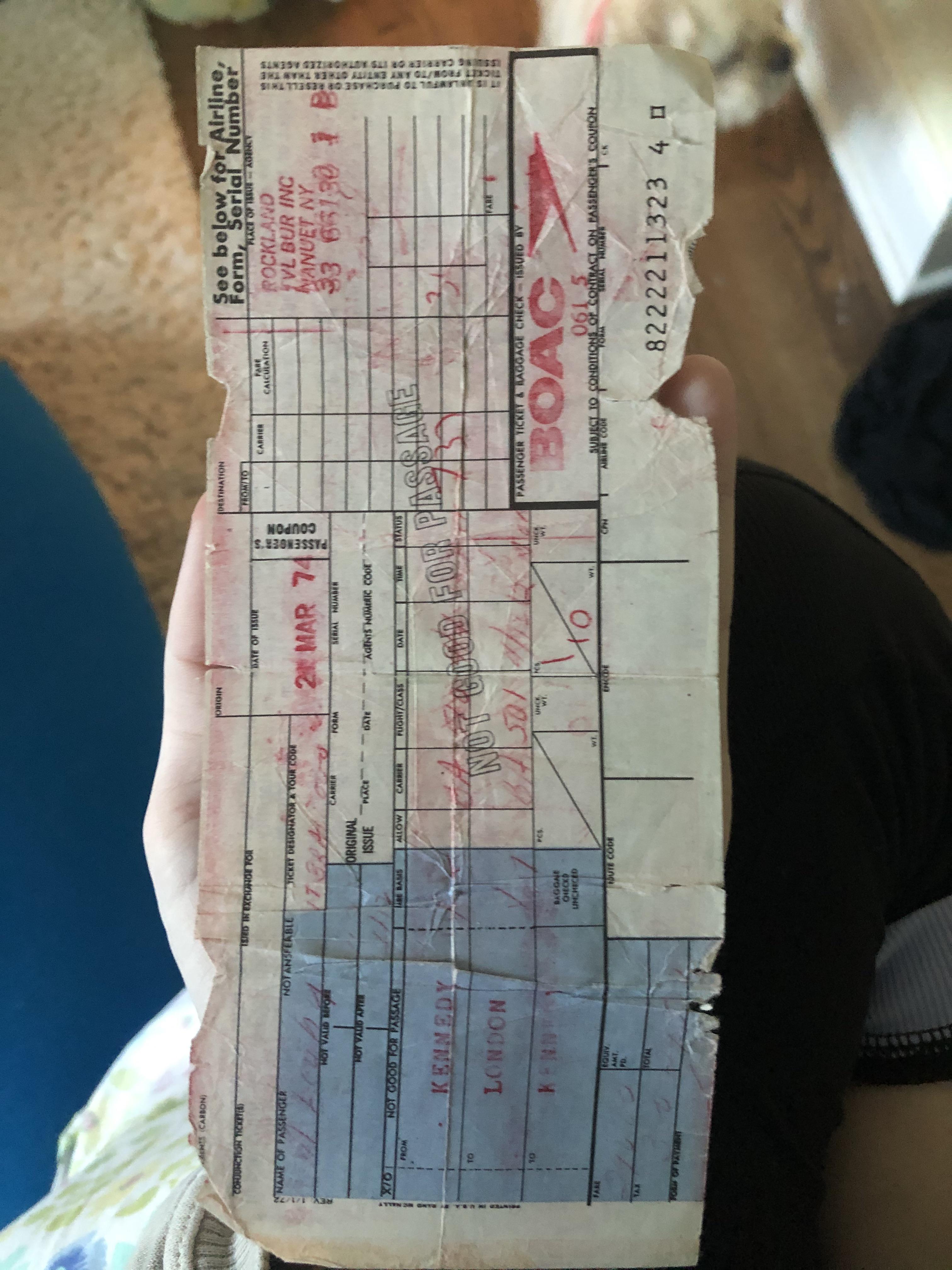 Plane ticket from NYC to London from 1974. Scrolller