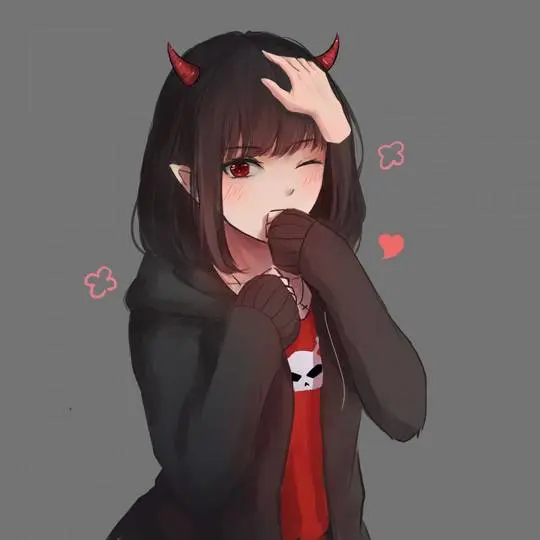 Monster girl anime art of a slim asian woman with red horns, black hair, and a skull print shirt winking