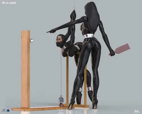 Predicament bondage with a curvy woman in a black latex catsuit and a dominant ebony mistress in a dungeon.