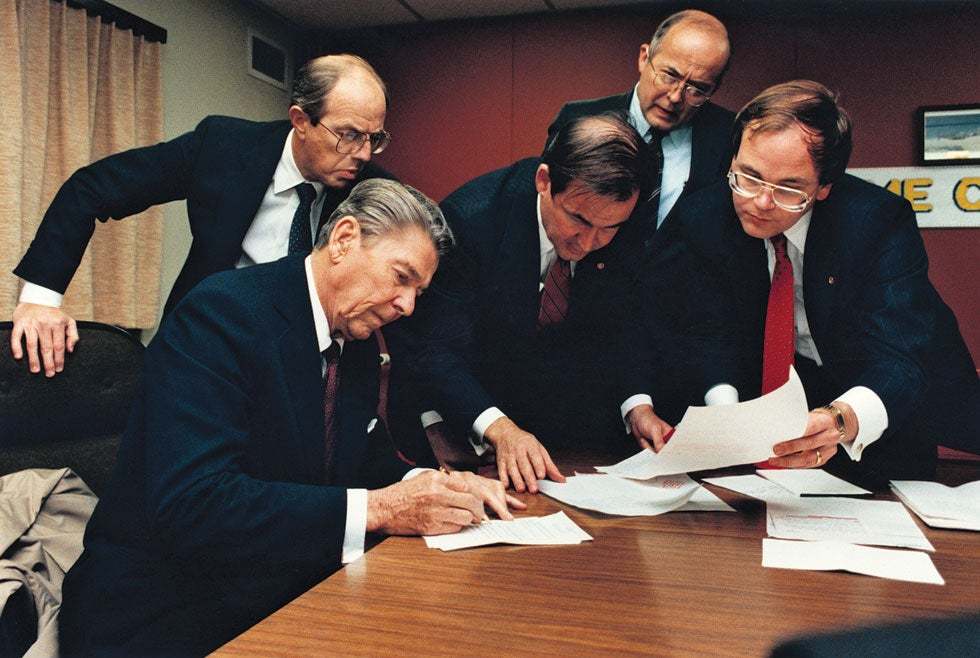 President Reagan rewrites a speech following the breakdown of his ...