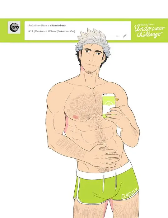 Professor Willow from Pokemon GO in gay hentai fan art featuring muscular build and penis piercings