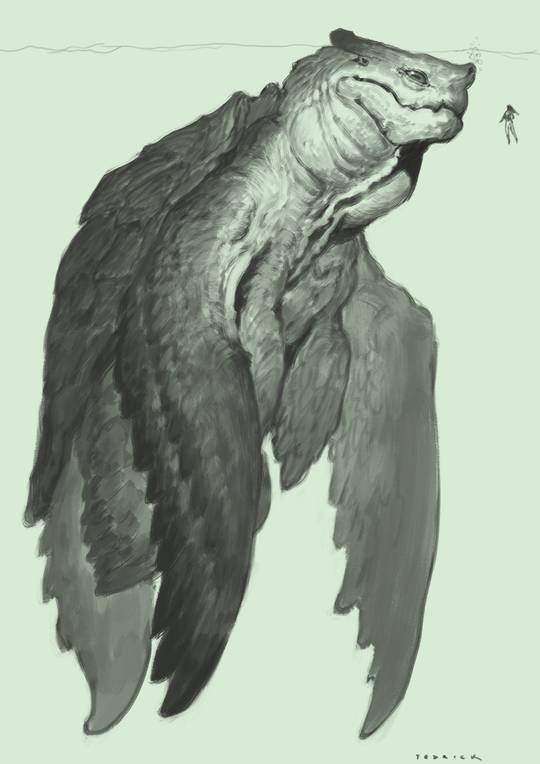 Dragon Turtle by John Tedrick, a massive aquatic creature with textured skin swimming near a slender human figure