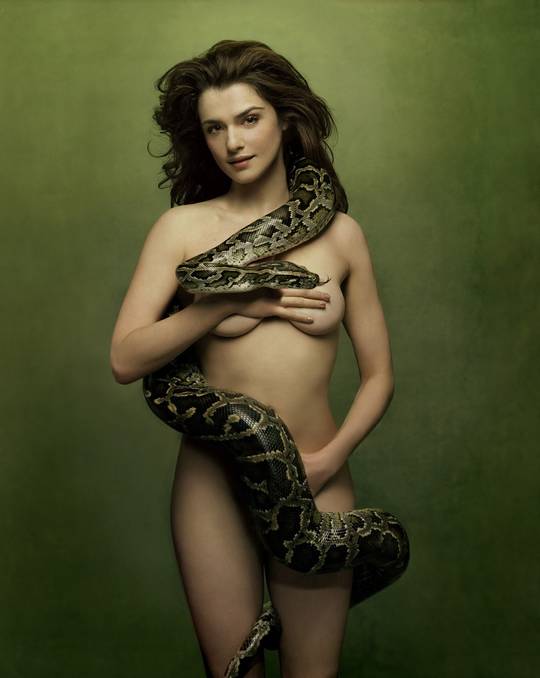 Rachel Weisz posing naked as Eve with the serpent