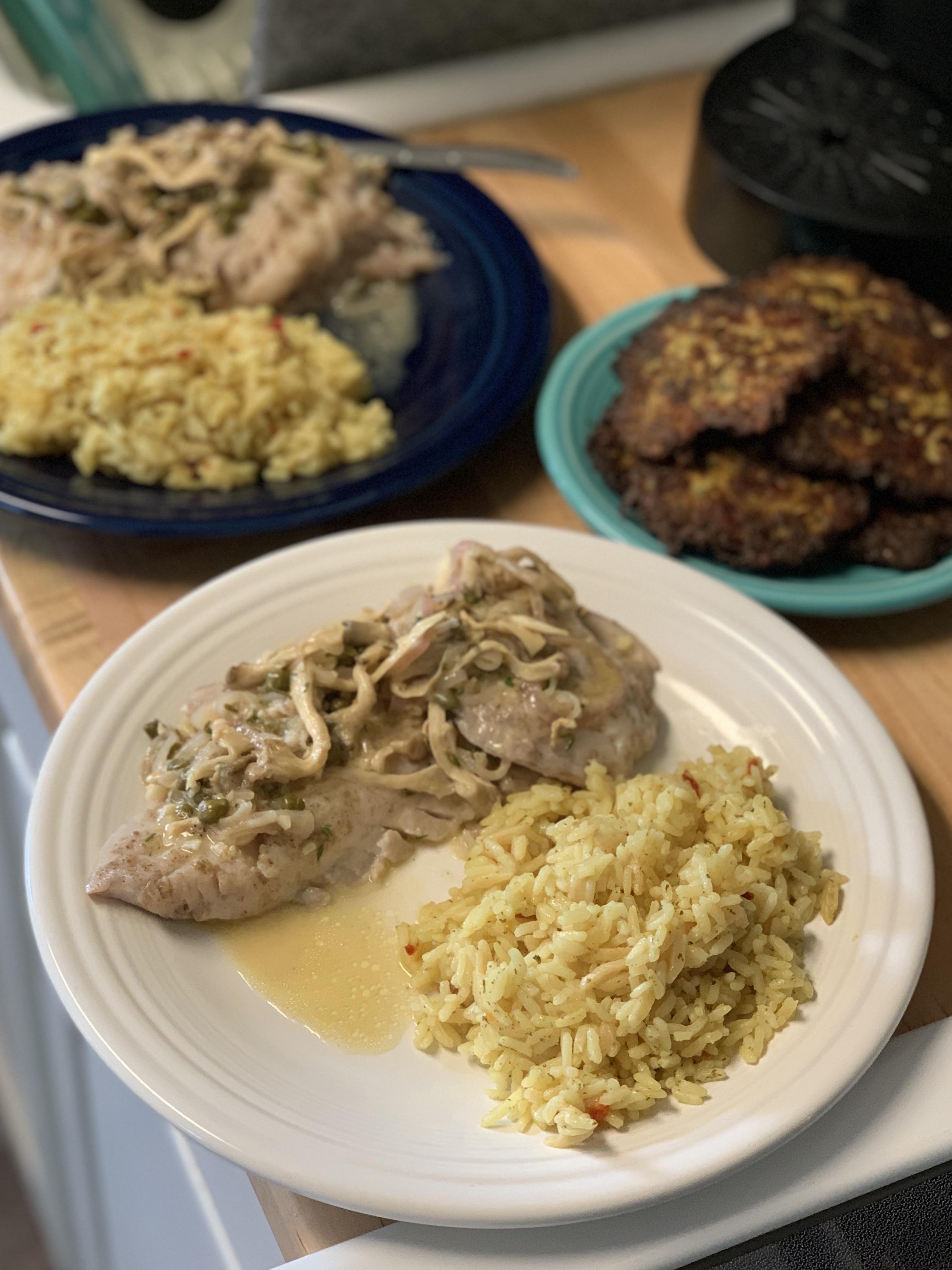 Rockfish and oyster mushrooms with a white wine and butter pan sauce