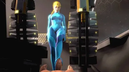 Samus Aran from Metroid in anime fan art, featuring her blonde ponytail, Zero Suit, and nude poses.