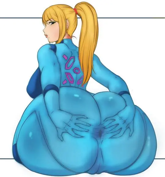 Samus Aran from Metroid in anime fan art, featuring her blonde ponytail, Zero Suit, and nude poses.