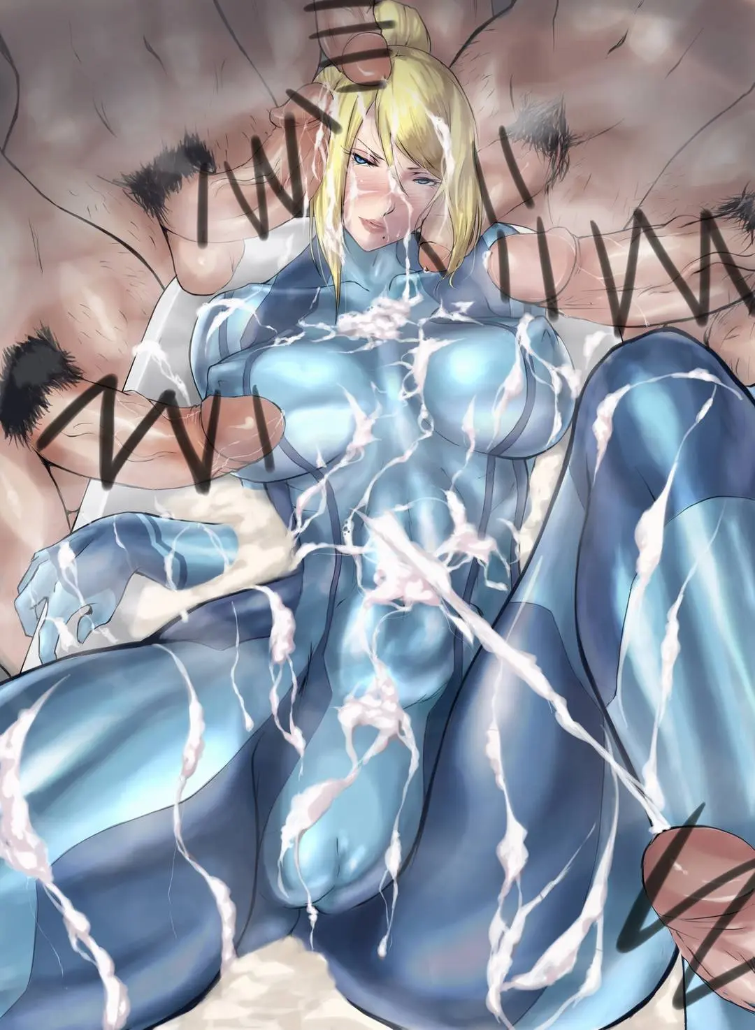 Samus Aran from Metroid in anime fan art, featuring her blonde ponytail, Zero Suit, and nude poses.