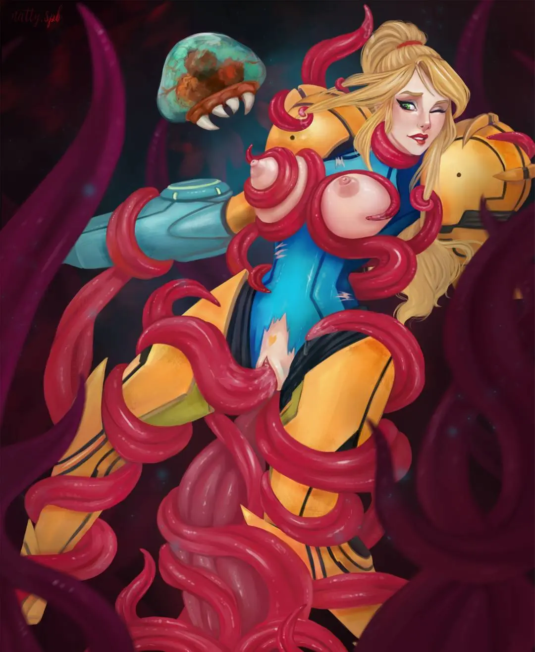 Samus Aran from Metroid in anime fan art, featuring her blonde ponytail, Zero Suit, and nude poses.