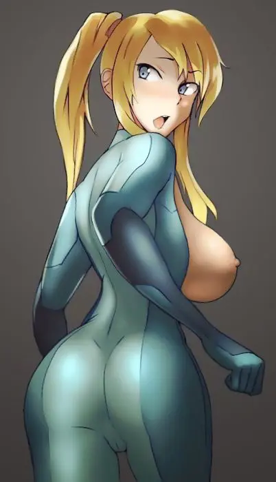 Samus Aran from Metroid in anime fan art, featuring her blonde ponytail, Zero Suit, and nude poses.