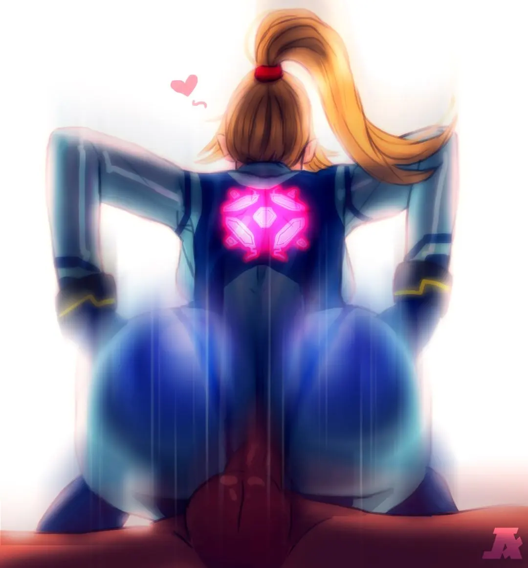 Samus Aran from Metroid in anime fan art, featuring her blonde ponytail, Zero Suit, and nude poses.