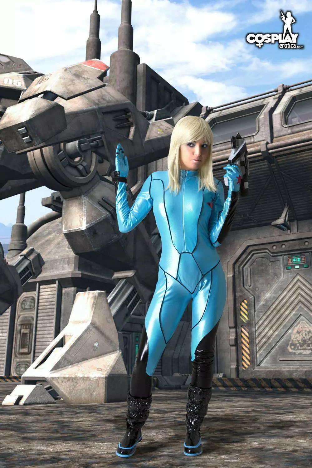 Mea Lee as Samus Aran from Metroid in a shiny blue bodysuit and black boots