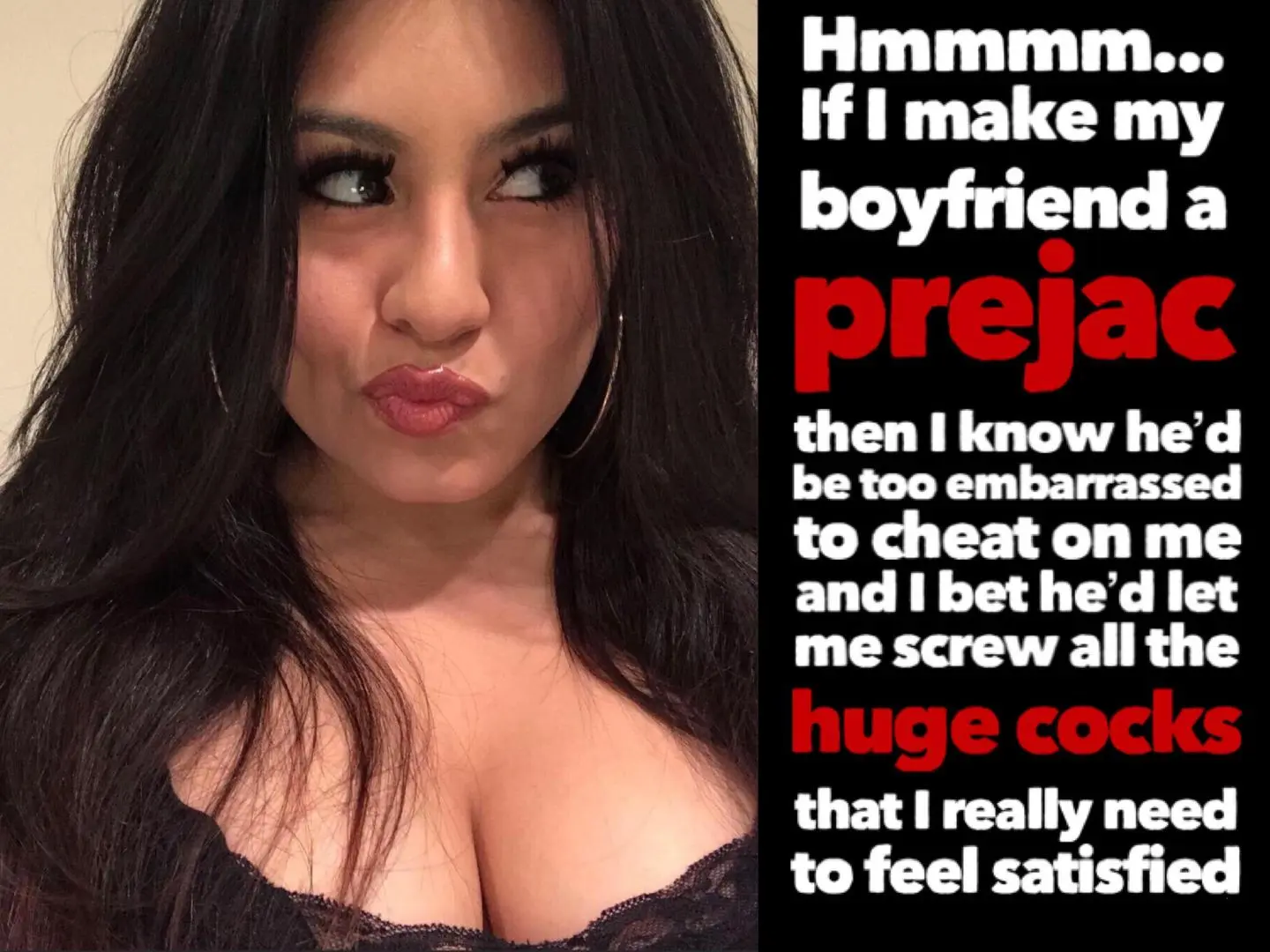 Curvy busty latina woman with long dark hair in a black lace top next to a meme about premature ejaculation