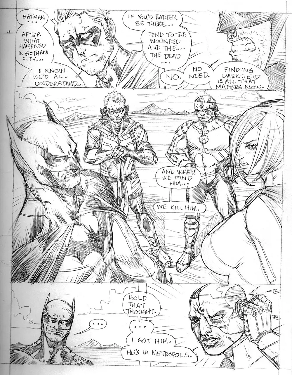 Power Girl and Batman fighting Darkseid in a ruined city, ending in Power Girl's capture and titfuck.
