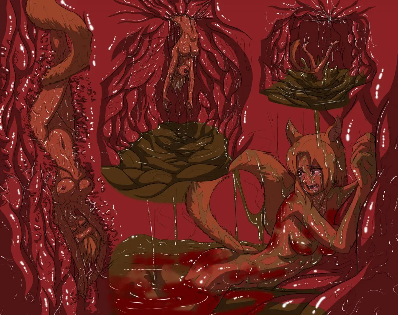 Neko cat girls in a soft vore and graphic digestion scenario within a fleshy organic environment