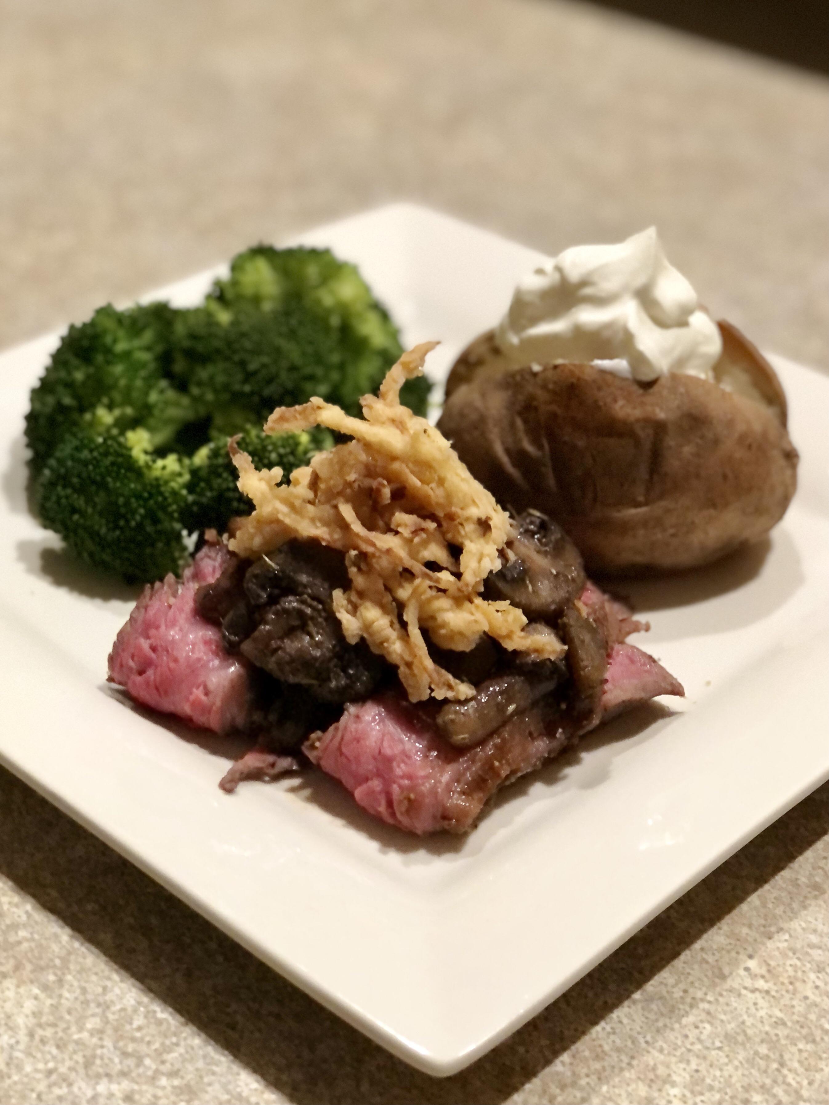 Sous Vide Skirt Steak w/ Herbed Mushroom Demi & Crispy Onion Straws