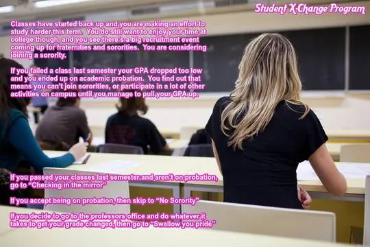 Blonde college student in the Student X-Change Program navigating sorority life and academic probation.