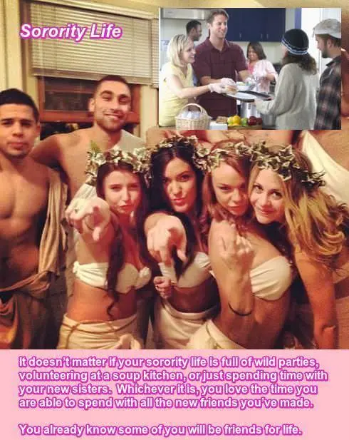 Blonde college student in the Student X-Change Program navigating sorority life and academic probation.