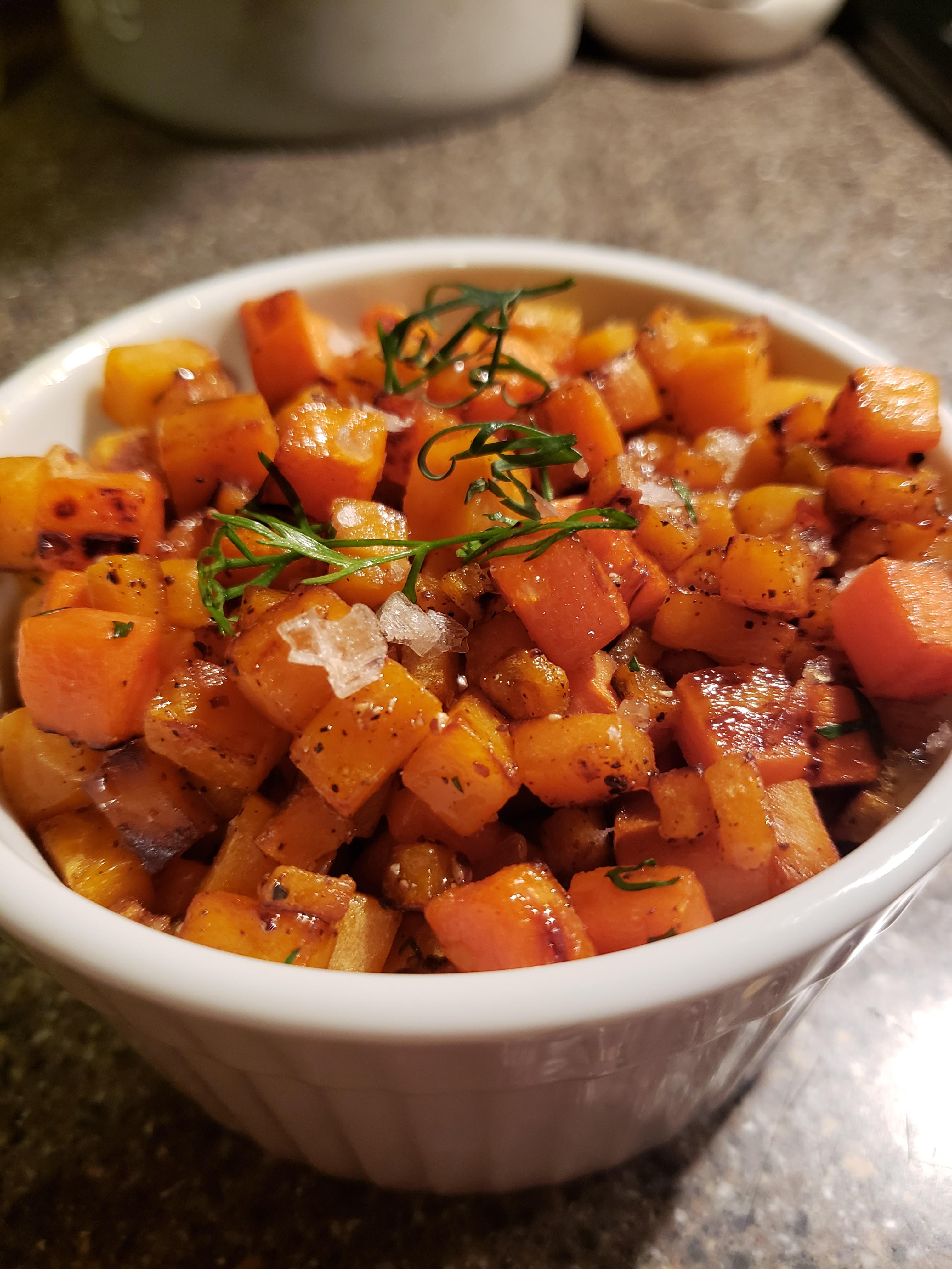 Sweet Potato and Carrot Hash with Fermented Garlic Honey and Dill
