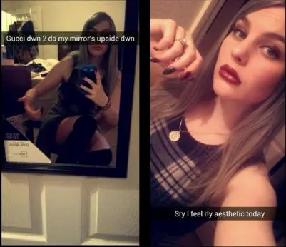 Slim blonde girl next door in a black dress, crop top, and topless mirror selfies with a heart tattoo on her breast