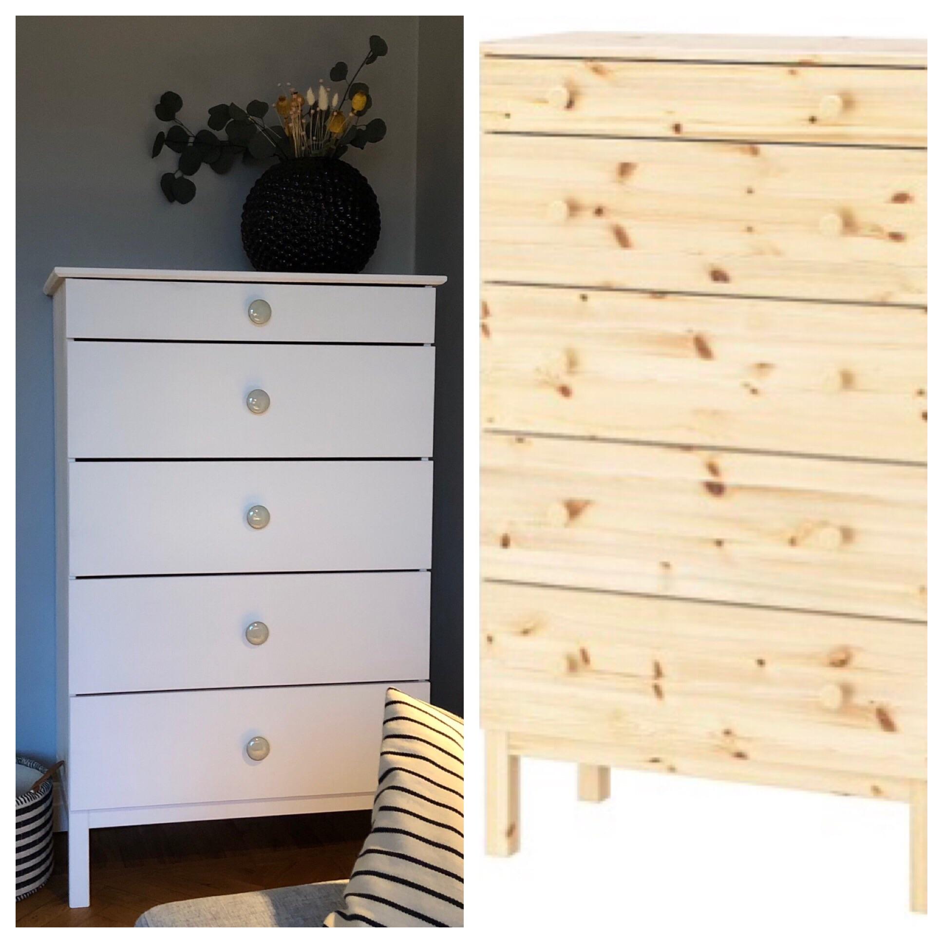 Tarva Ikea hack! No back legs, bolted to the wall. White paint and new knobs. Scrolller