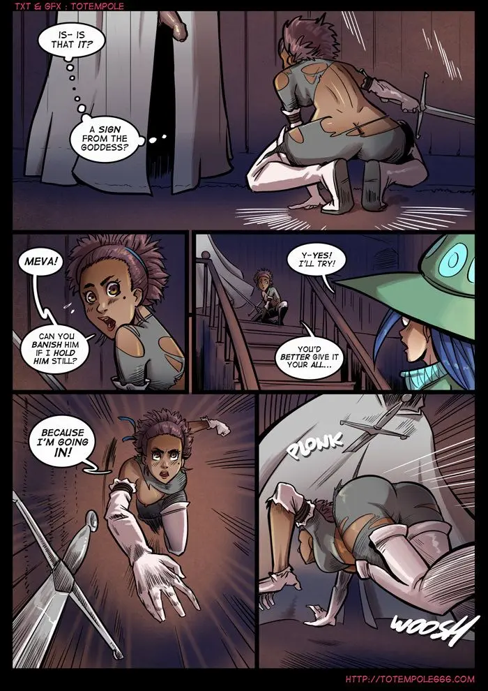 Totempole comic featuring a busty blonde witch, a muscular knight, and green demons in a fantasy setting.
